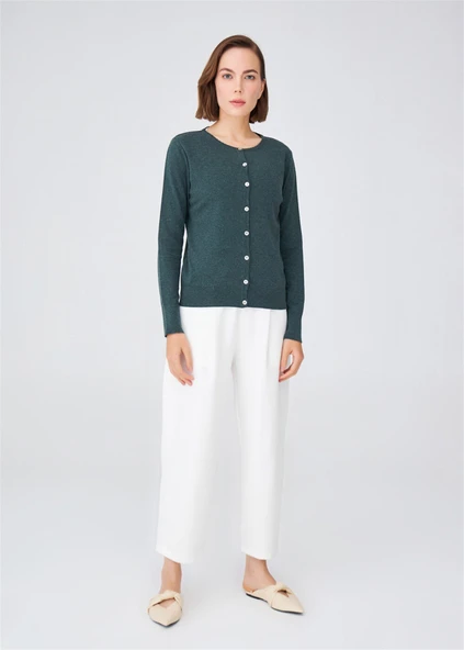 Peraluna Pamuklu Bisiklet Yaka Basic Kadın Triko Hırka - Koyu Yeşil Melanj ürün görseli