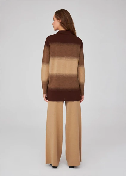 Peraluna Renk Geçişli Polo Yaka Kadın Triko Hırka - Kahve/Camel Melanj - Resim 5