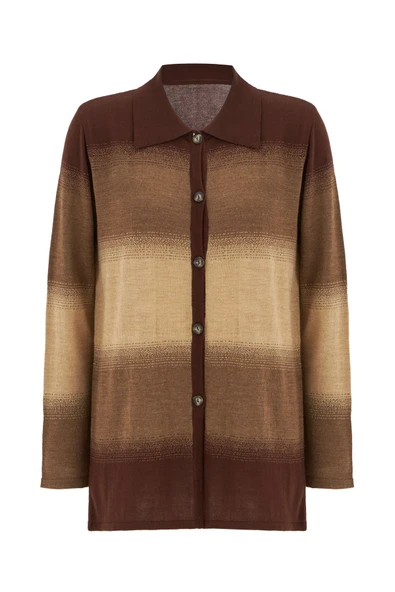 Peraluna Renk Geçişli Polo Yaka Kadın Triko Hırka - Kahve/Camel Melanj - Resim 9