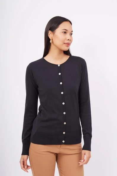 Peraluna MILA CARDIGAN Bisiklet Yaka Basic Pamuklu Kadın Triko Hırka - SİYAH - Resim 5