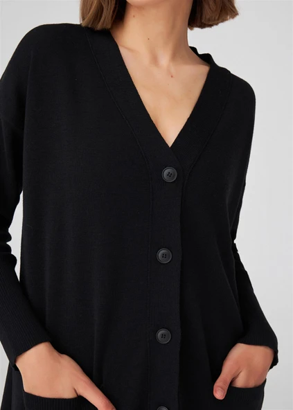 Peraluna NICOLA LONG CARDIGAN Cepli Klasik Kesim V Yaka Uzun Kadın Triko Hırka - Siyah - 4