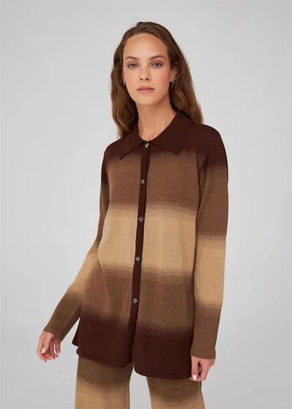 Peraluna Renk Geçişli Polo Yaka Kadın Triko Hırka - Kahve/Camel Melanj - Resim 2