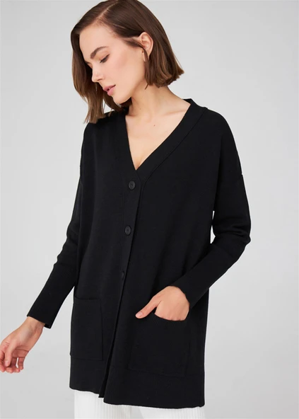 Peraluna NICOLA LONG CARDIGAN Cepli Klasik Kesim V Yaka Uzun Kadın Triko Hırka - Siyah - 3