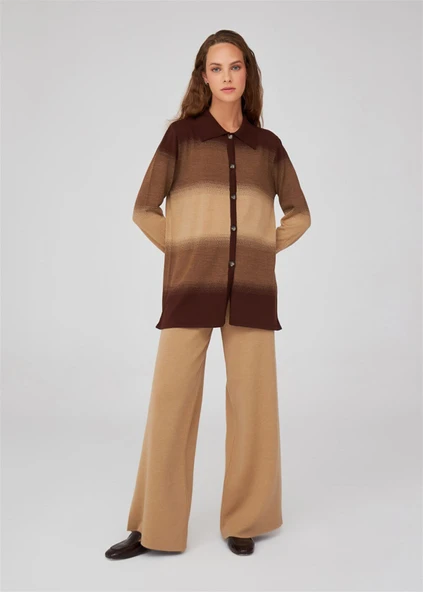 Peraluna Renk Geçişli Polo Yaka Kadın Triko Hırka - Kahve/Camel Melanj - Resim 3