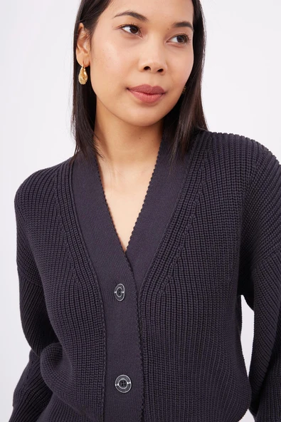 Peraluna OLIVIA CARDIGAN Selanik Örgü %100 Pamuk V Yaka Kadın Triko Hırka - Siyah - 3