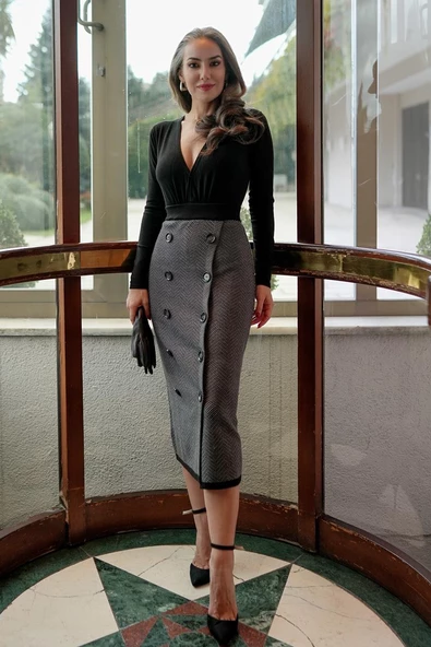 Styleboom X Peraluna CHESHIRE SKIRT Balıksırtı Desen Midi Boy Kadın Triko Etek - Siyah