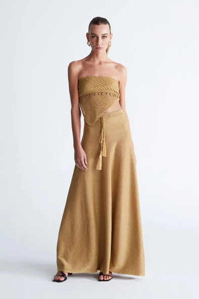 Styleboom X Peraluna MARILYN SKIRT Simli Maxi Boy Beli Bağcıklı Kadın Triko Etek - Altın - 3