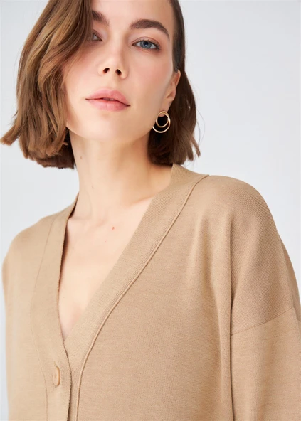 Peraluna NICOLA LONG CARDIGAN Cepli Klasik Kesim V Yaka Uzun Kadın Triko Hırka - Camel Melanj - 5