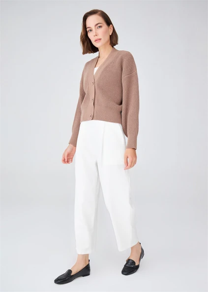 Peraluna OLIVIA CARDIGAN Selanik Örgü %100 Pamuk V Yaka Kadın Triko Hırka - Camel Melanj - Resim 6