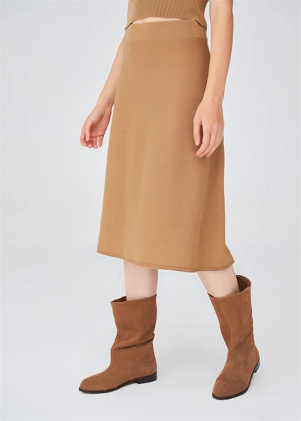 Peraluna Kloş Kesim Kaşmir Karışım Diz Altı Triko Etek - Camel - Resim 4