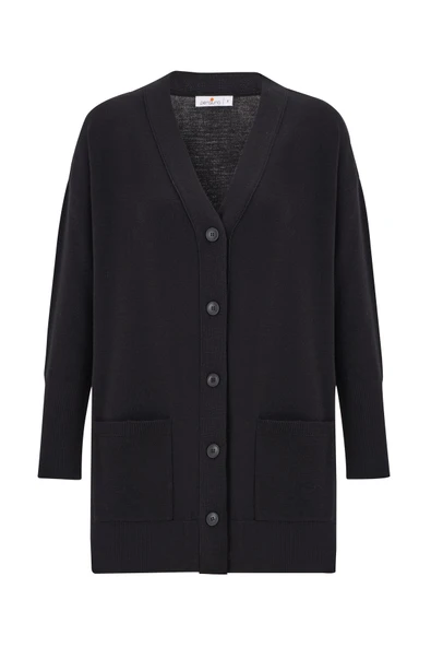 Peraluna NICOLA LONG CARDIGAN Cepli Klasik Kesim V Yaka Uzun Kadın Triko Hırka - Siyah - 7