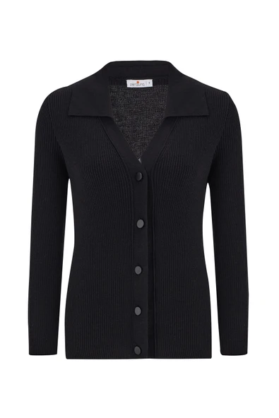 Peraluna Polo V Yaka Ribana Örgü Fit Kesim Kadın Triko Hırka - Siyah - Resim 7