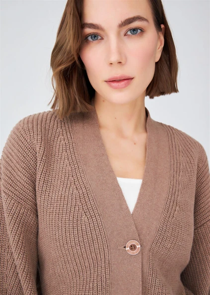 Peraluna OLIVIA CARDIGAN Selanik Örgü %100 Pamuk V Yaka Kadın Triko Hırka - Camel Melanj - Resim 2