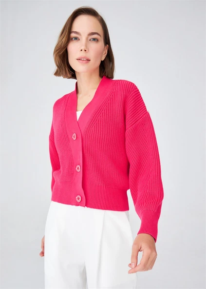 Peraluna OLIVIA CARDIGAN Selanik Örgü %100 Pamuk V Yaka Kadın Triko Hırka - Azalea Pink - 3
