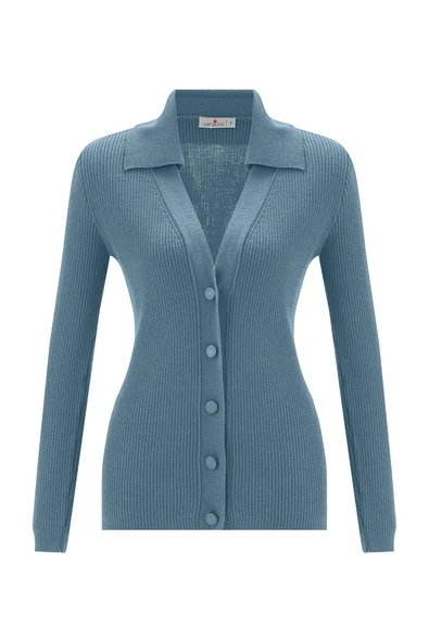 Peraluna Polo V Yaka Ribana Örgü Fit Kesim Kadın Triko Hırka - Mavi - 8