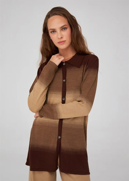 Peraluna Renk Geçişli Polo Yaka Kadın Triko Hırka - Kahve/Camel Melanj - Resim 7