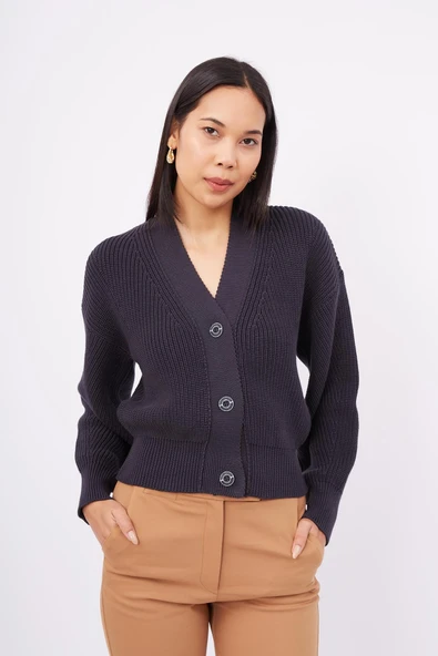 Peraluna OLIVIA CARDIGAN Selanik Örgü %100 Pamuk V Yaka Kadın Triko Hırka - Siyah - 6