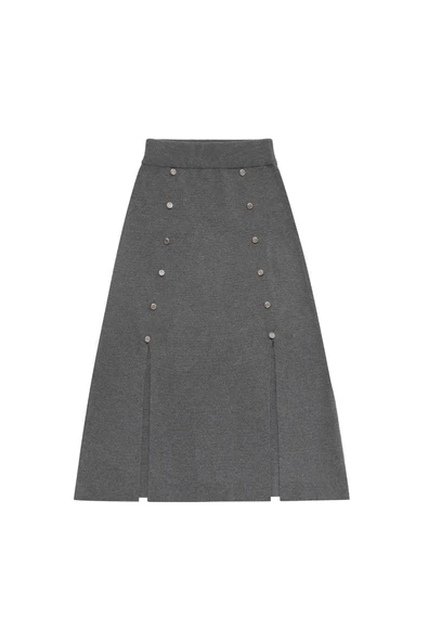 Peraluna BLAKE SKIRT Düğme Detaylı Yırtmaçlı Midi Boy Kadın Triko Etek - Antrasit Melanj - Resim 5