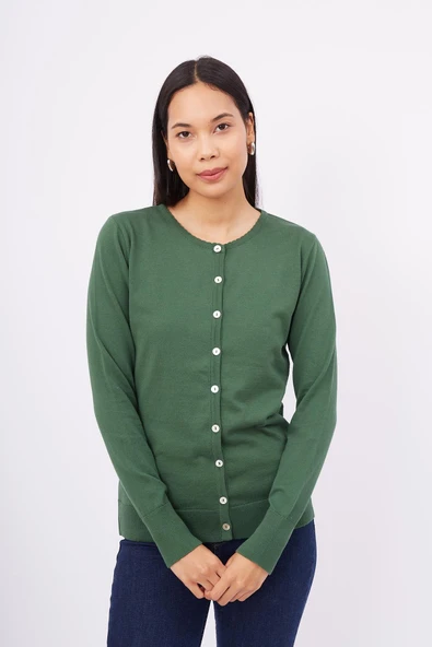 Peraluna MILA CARDIGAN Bisiklet Yaka Basic Pamuklu Kadın Triko Hırka - Koyu Yeşil - Resim 5