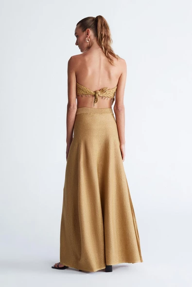 Styleboom X Peraluna MARILYN SKIRT Simli Maxi Boy Beli Bağcıklı Kadın Triko Etek - Altın - 8