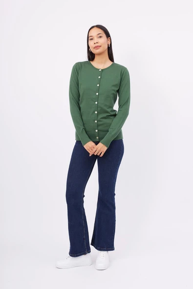 Peraluna MILA CARDIGAN Bisiklet Yaka Basic Pamuklu Kadın Triko Hırka - Koyu Yeşil - Resim 7