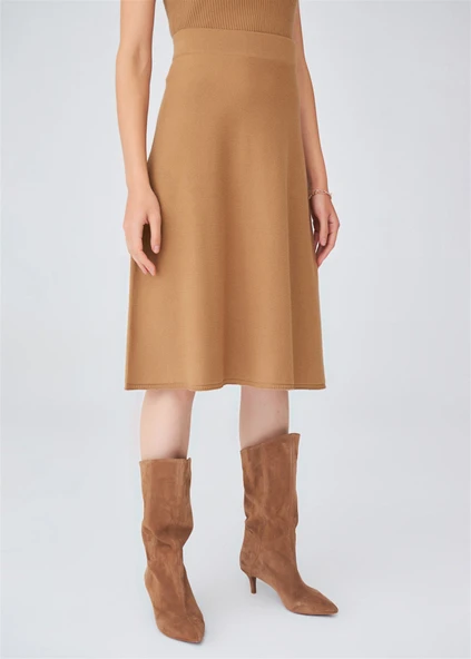 Peraluna Kloş Kesim Kaşmir Karışım Diz Altı Triko Etek - Camel - Resim 3
