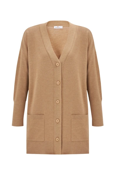 Peraluna NICOLA LONG CARDIGAN Cepli Klasik Kesim V Yaka Uzun Kadın Triko Hırka - Camel Melanj - 6