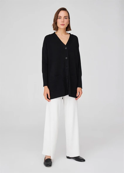 Peraluna NICOLA LONG CARDIGAN Cepli Klasik Kesim V Yaka Uzun Kadın Triko Hırka - Siyah