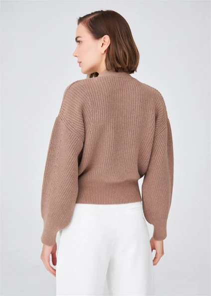 Peraluna OLIVIA CARDIGAN Selanik Örgü %100 Pamuk V Yaka Kadın Triko Hırka - Camel Melanj - Resim 5