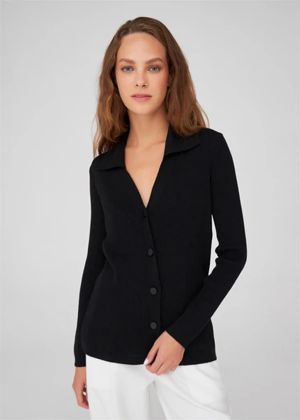 Peraluna Polo V Yaka Ribana Örgü Fit Kesim Kadın Triko Hırka - Siyah - Resim 2