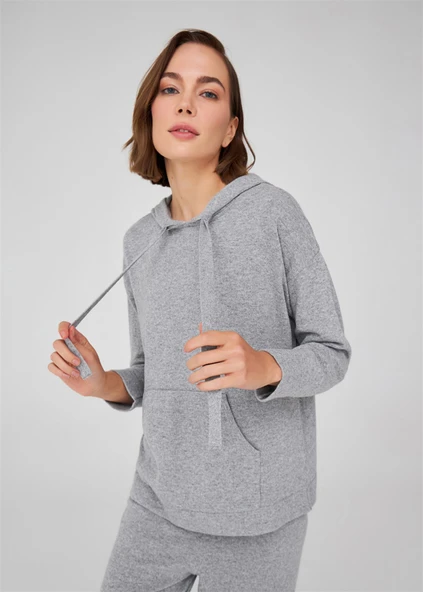 Peraluna Kaşmir Karışım Kapüşonlu Bol Kesim Kadın Triko Kazak - Gri Melanj - Resim 2