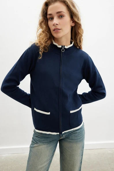 Peraluna SUMMER CARDIGAN Fermuarlı Cepli Organik Pamuk Çelik Örgü Yazlık Kadın Triko Hırka - Lacivert ürün görseli