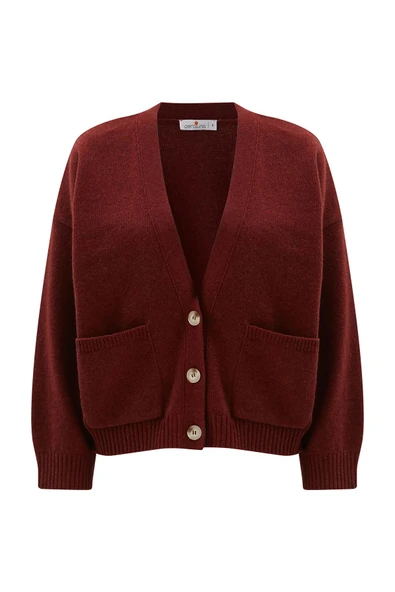Peraluna CAROL CARDIGAN Cepli Düğmeli Rahat Kesim Crop Kadın Triko Hırka - Bordo - Resim 9
