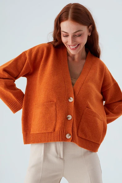 Peraluna CAROL CARDIGAN Cepli Düğmeli Rahat Kesim Crop Kadın Triko Hırka - Turuncu - 5