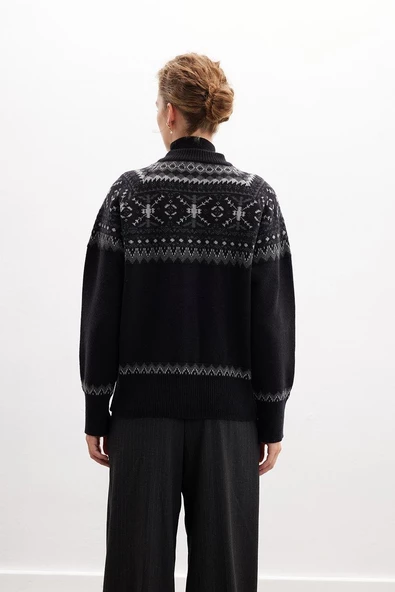 Peraluna AISLING CARDIGAN Bisiklet Yaka Yün Karışım Etnik Motif Kadın Triko Hırka - Siyah - 5