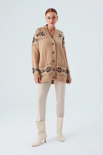 Peraluna IVORY CARDIGAN Jakarlı Cepli Uzun Kadın Triko Hırka - Camel