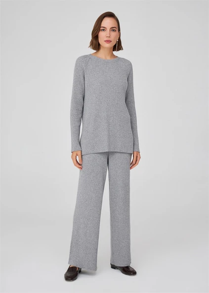 Peraluna Yırtmaçlı Bol Kesim Kaşmir Karışım Kadın Triko Kazak - Gri Melanj ürün görseli 1