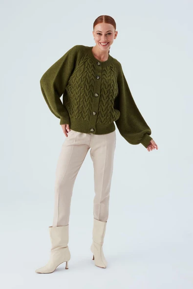Peraluna MAY CARDIGAN Saç Örgülü Düğmeli Bol Kesim Kadın Triko Hırka - Yeşil ürün görseli