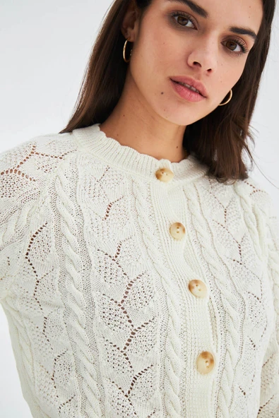 Peraluna ELLA CARDIGAN Ajur Detaylı Yazlık Düğmeli Kadın Triko Hırka - Ekru - Resim 3