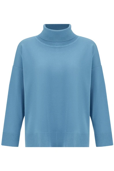 Peraluna Balıkçı Yaka Boğazlı Bol Kesim Kadın Triko Kazak - Mavi - 7