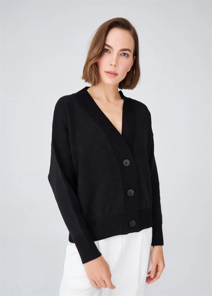 Peraluna MADRIGAL JACKET Simli Diamond Desenli Geniş Kalıp Kadın Triko Hırka - Siyah - 3