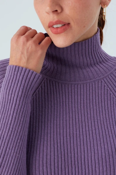 Peraluna Fit Kalıp Balıkçı Yaka Kaşmir Karışım Kadın Triko Kazak - Koyu Lila - Resim 5
