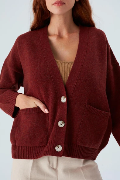 Peraluna CAROL CARDIGAN Cepli Düğmeli Rahat Kesim Crop Kadın Triko Hırka - Bordo - Resim 5