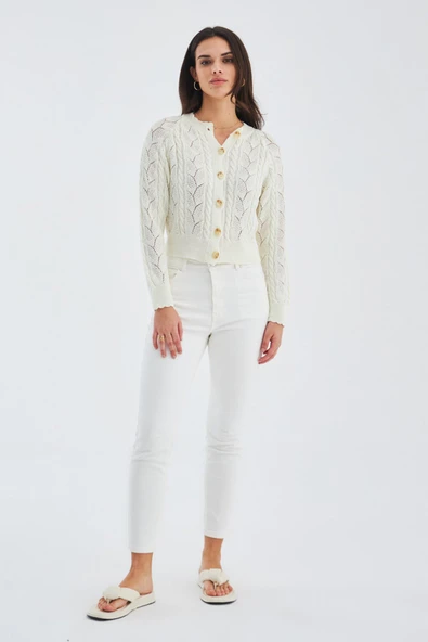 Peraluna ELLA CARDIGAN Ajur Detaylı Yazlık Düğmeli Kadın Triko Hırka - Ekru ürün görseli 1