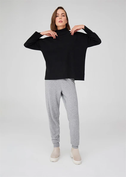 Peraluna Balıkçı Yaka Boğazlı Bol Kesim Kadın Triko Kazak - Siyah - Resim 2