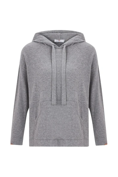 Peraluna Kaşmir Karışım Kapüşonlu Bol Kesim Kadın Triko Kazak - Gri Melanj - Resim 7