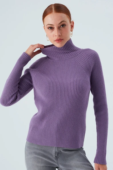 Peraluna Fit Kalıp Balıkçı Yaka Kaşmir Karışım Kadın Triko Kazak - Koyu Lila - Resim 7
