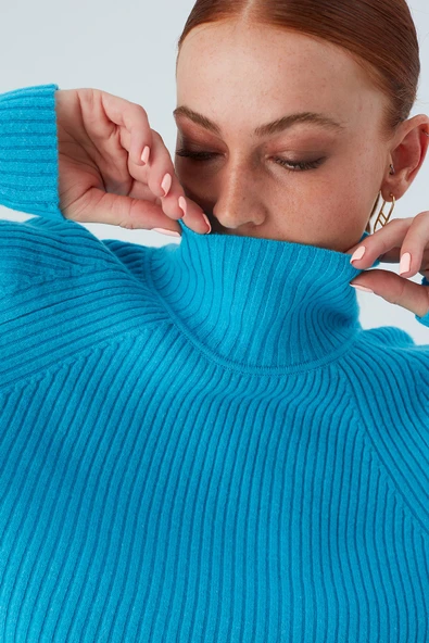Peraluna Fit Kalıp Balıkçı Yaka Kaşmir Karışım Kadın Triko Kazak - Turkuaz - 3