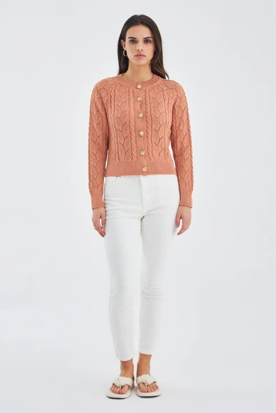 Peraluna ELLA CARDIGAN Ajur Detaylı Yazlık Düğmeli Kadın Triko Hırka - Somon ürün görseli 1