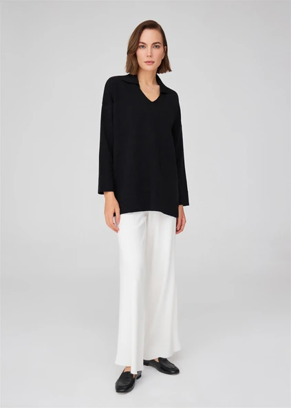 Peraluna Polo V Yaka Bol Kesim Kadın Triko Kazak - Siyah ürün görseli 1